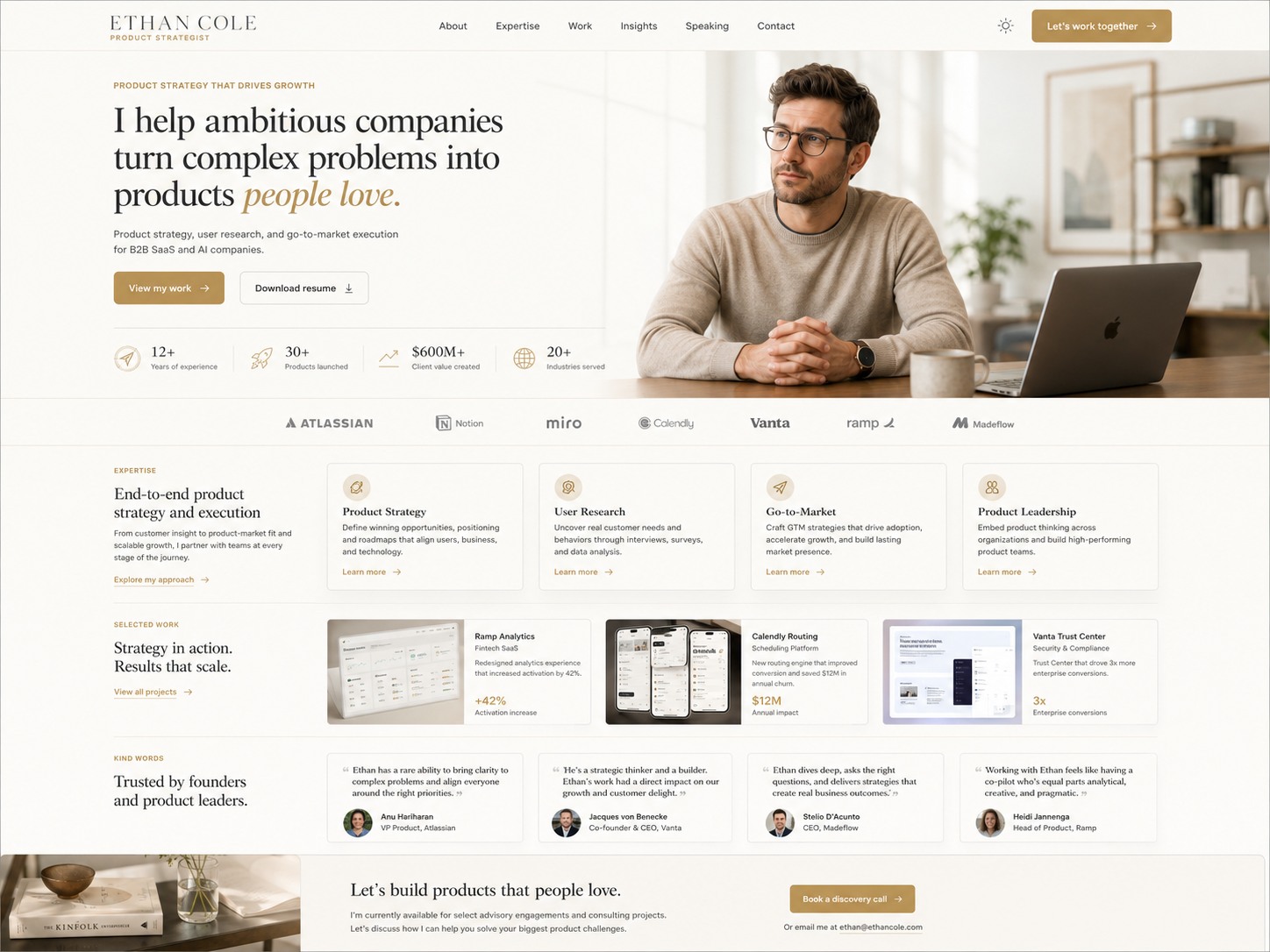Ethan Cole product strategist website preview with editorial hero, trust logos, and selected work.